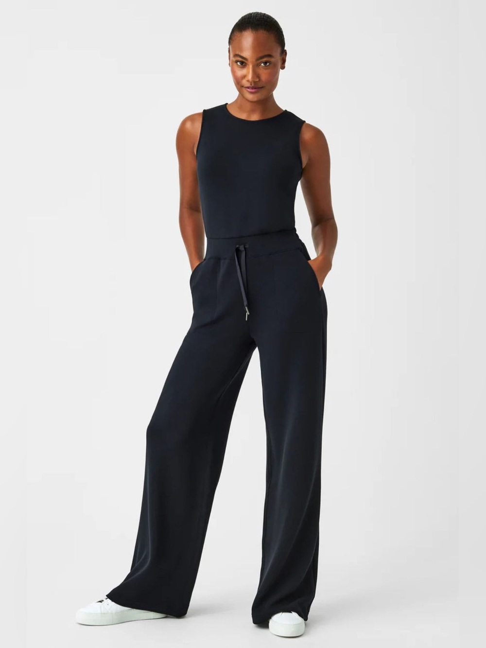 SPANX AIR ESSENTIALS JUMPSUIT Size XL -Very Black Wide Leg Stretch Comfy Soft